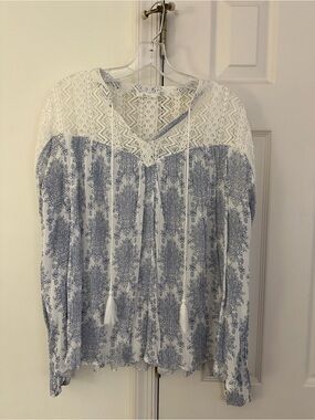 White & Blue Lace Yoke Peasant Blouse with Tassel Ties